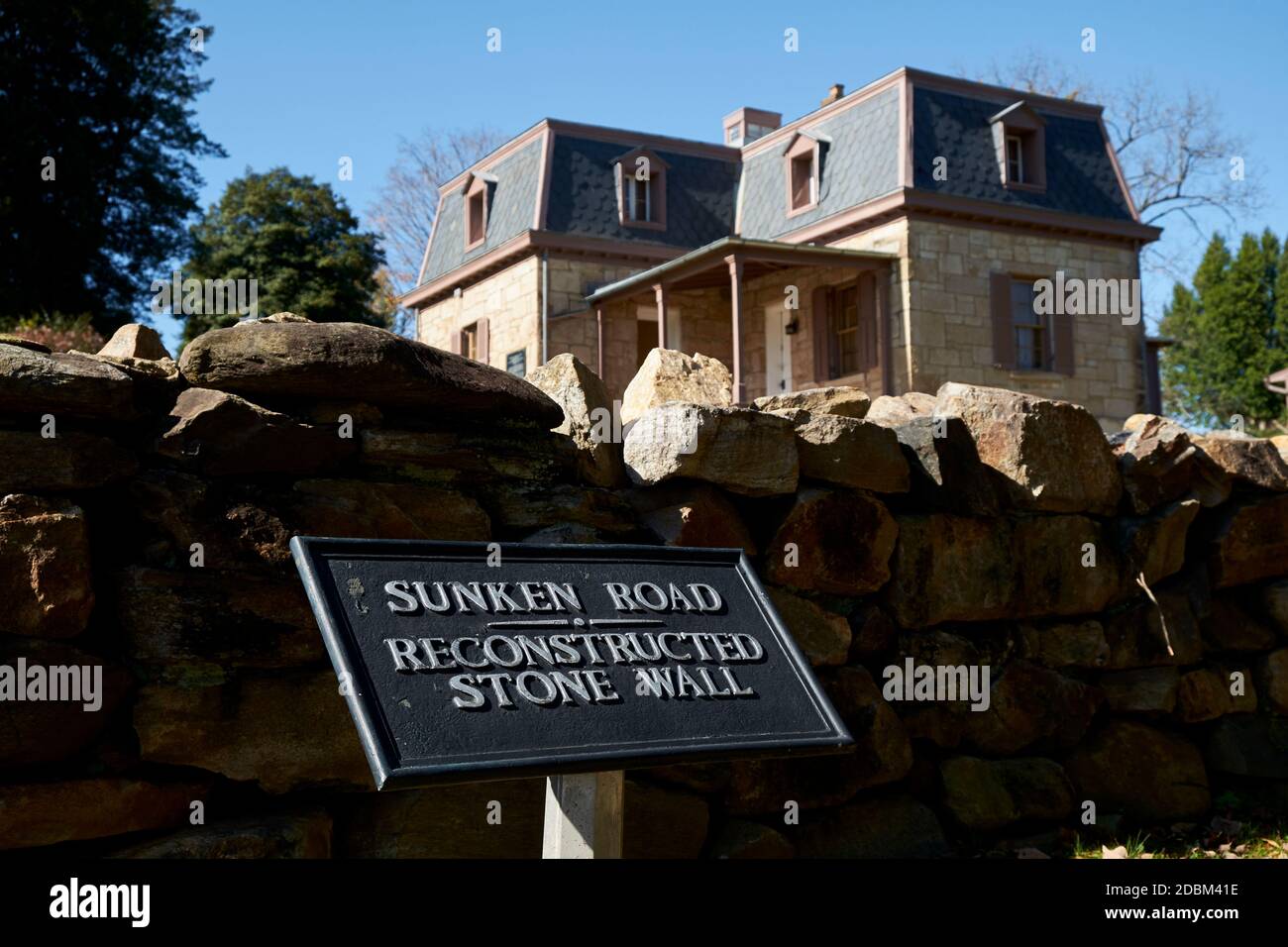 A sign detailing the location of the Civil War battle site, Sunken Road. At Fredericksburg & Spotsylvania National Military Park, Virginia. Stock Photo