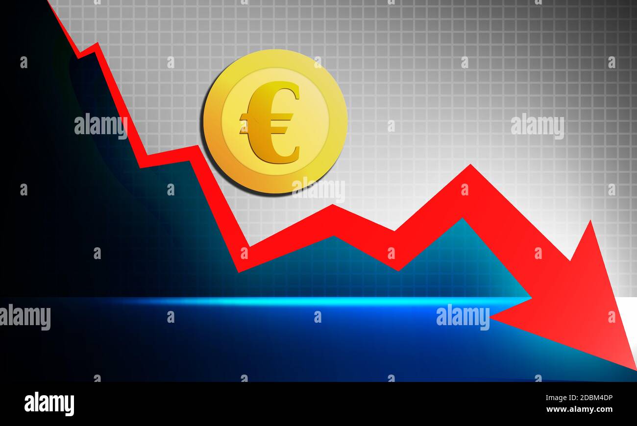 Golden Euro coins with red decline graph. 3d rendering Stock Photo