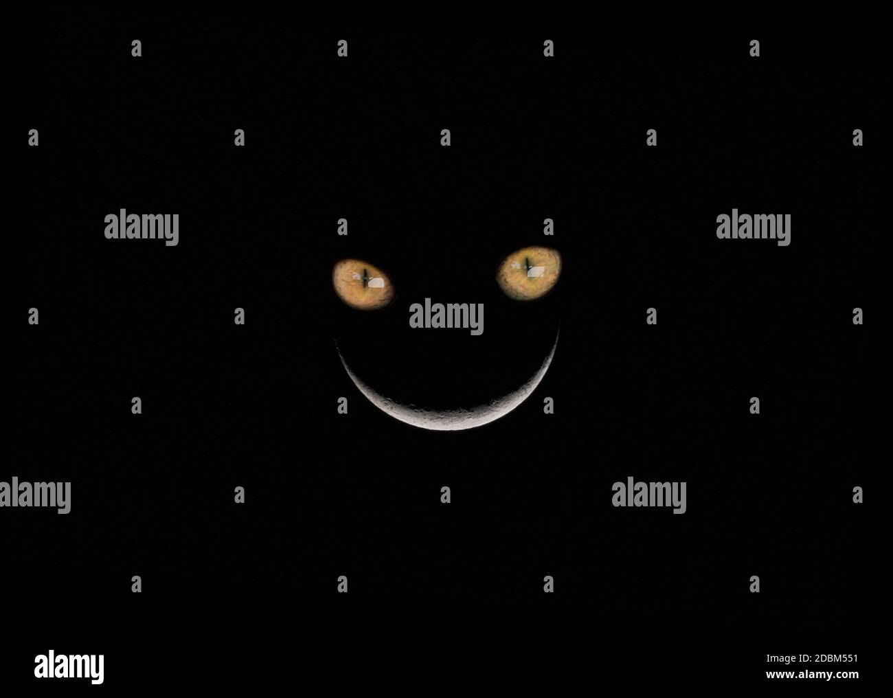 Cheshire Cat Crescent Moon Smile Green Eyes Stock Photo
