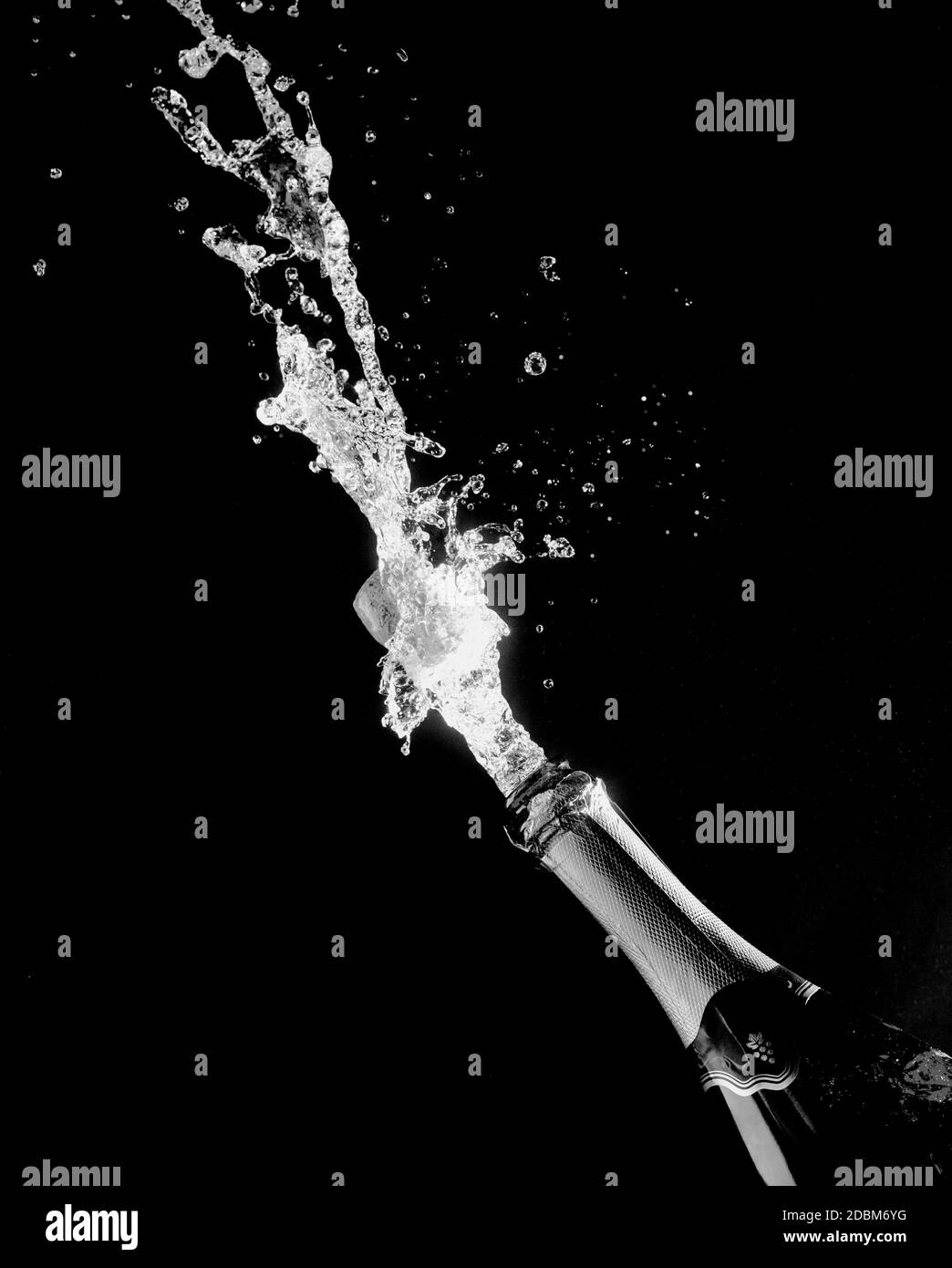 Celebration theme with splashing champagne black-white. Stock Photo