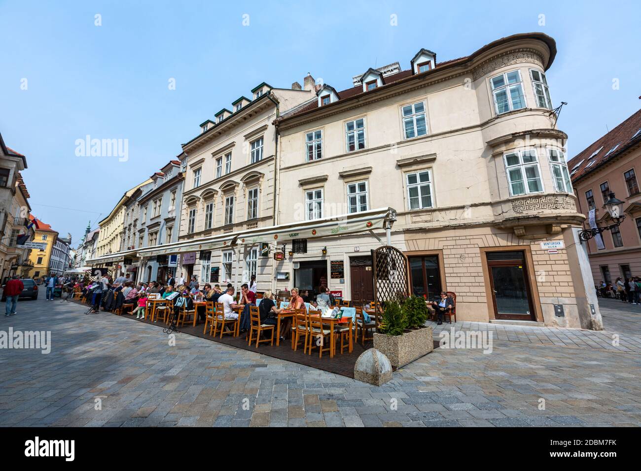 Bar and restaurant terraces in Ventúrska, Old Town, Bratislava, Slovakia Stock Photo