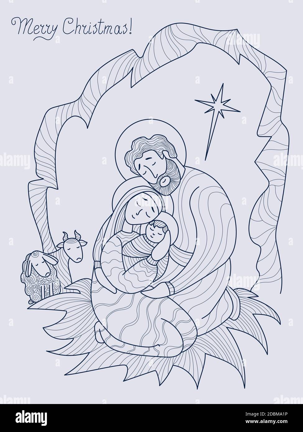 Merry Christmas. Virgin Mary, Joseph and baby Jesus Christ in a cave