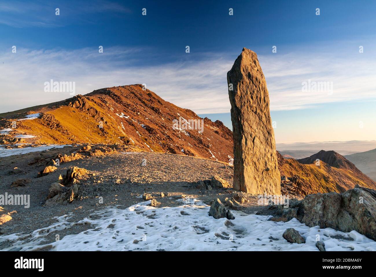 Crib Goch with snow from the summit of Snowdon, North Wales Stock Photo