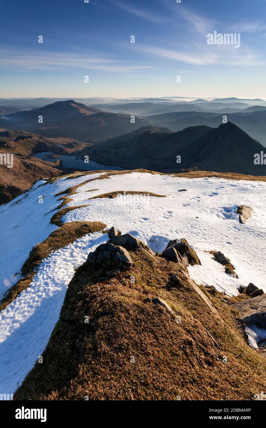 Snowdonia mountains in haze from the summit of Snowdon, North Wales Stock Photo