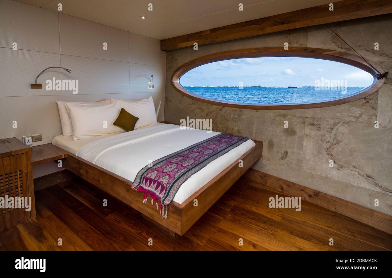 Interior of luxurious yacht cabin, Maldives Stock Photo