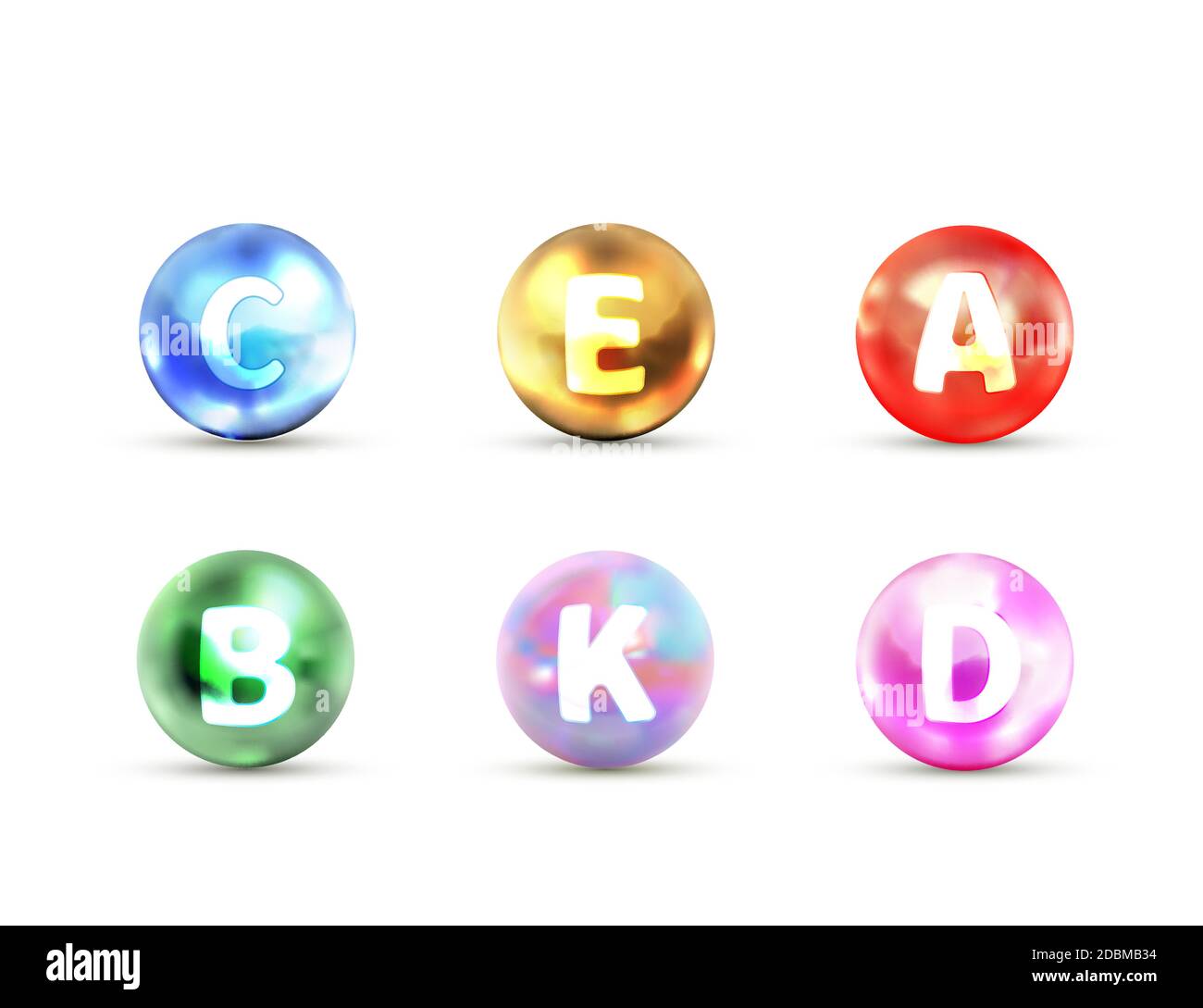 Set of bright glossy icons of vitamins A B C D E, K on white Stock Vector
