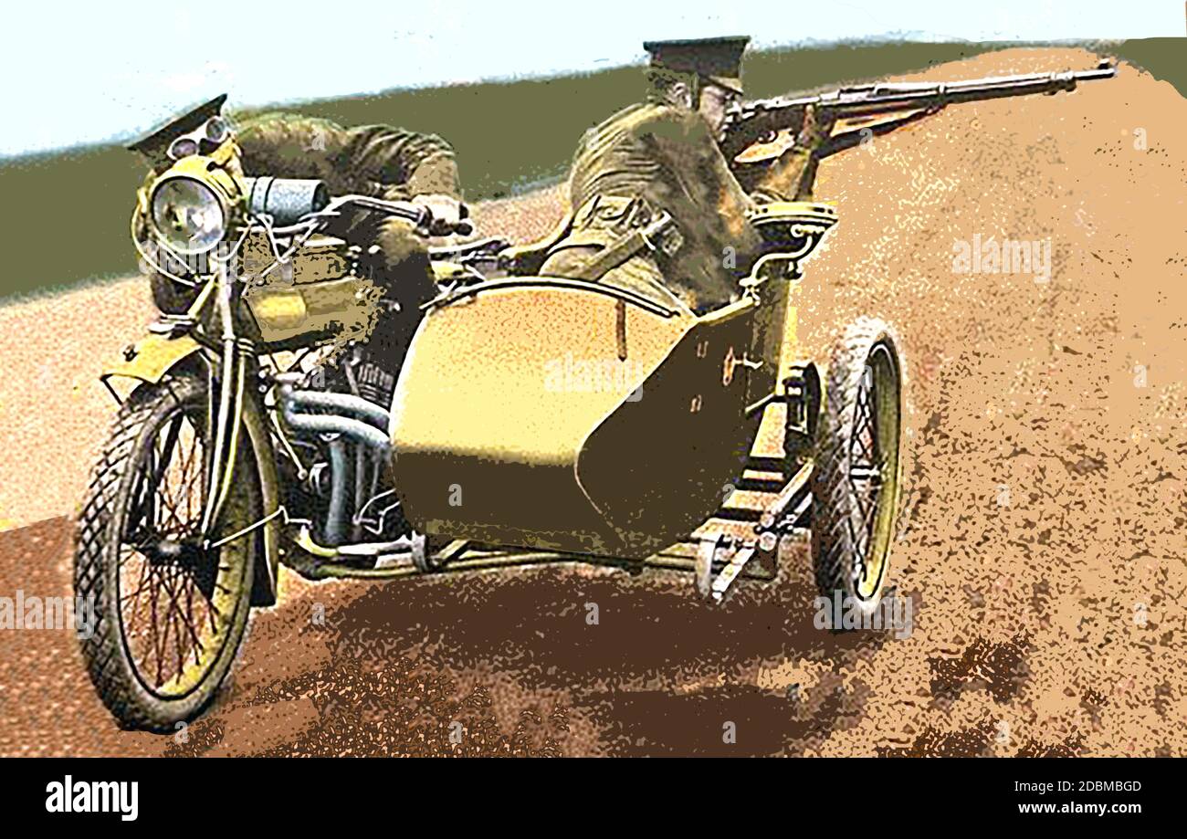 Armed  Motorcycle Scouts in action using a motorbike and sidecar. Stock Photo