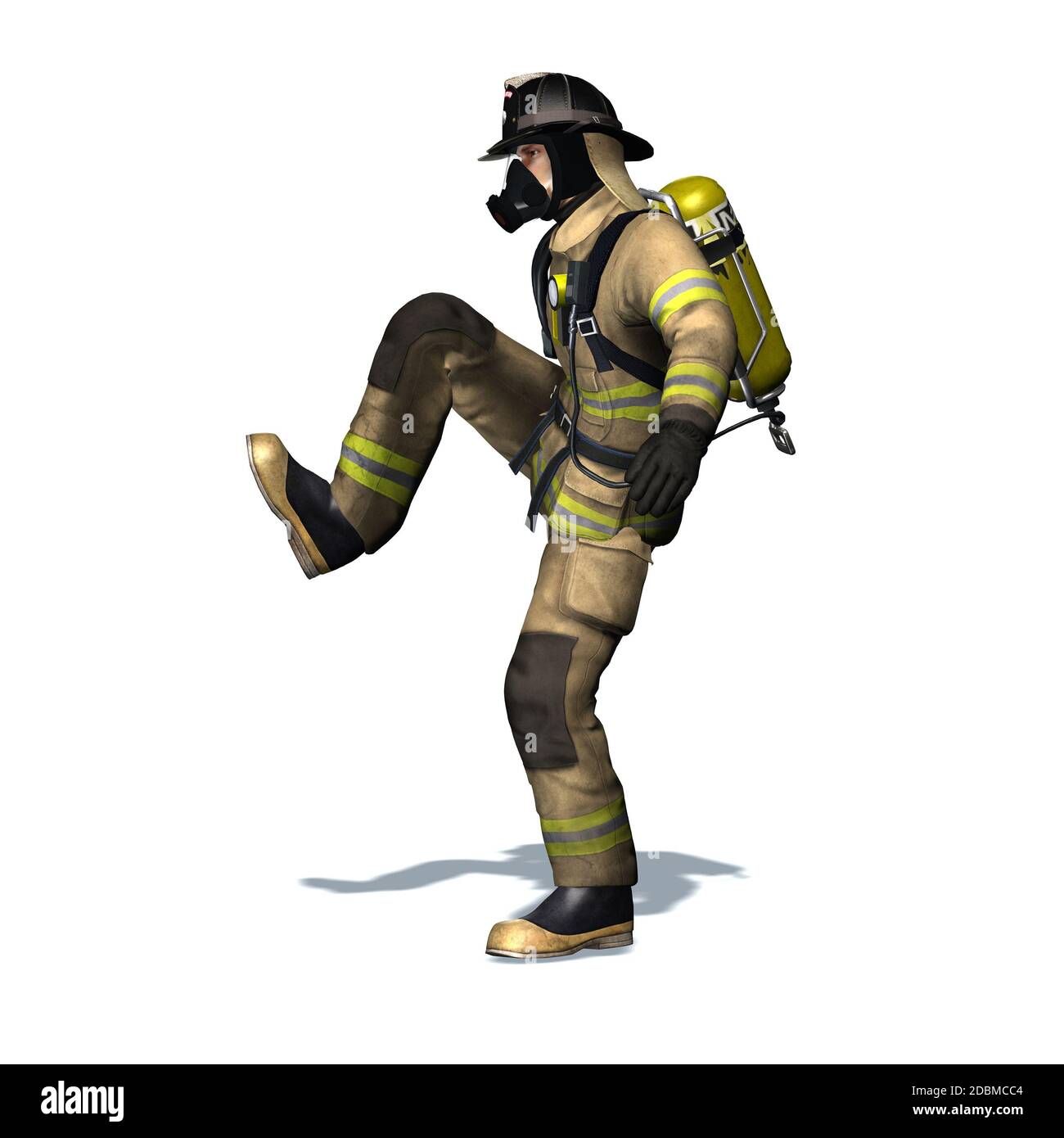 Fire Fighter Kicks The Door Open Isolated On White Background Stock Photo Alamy