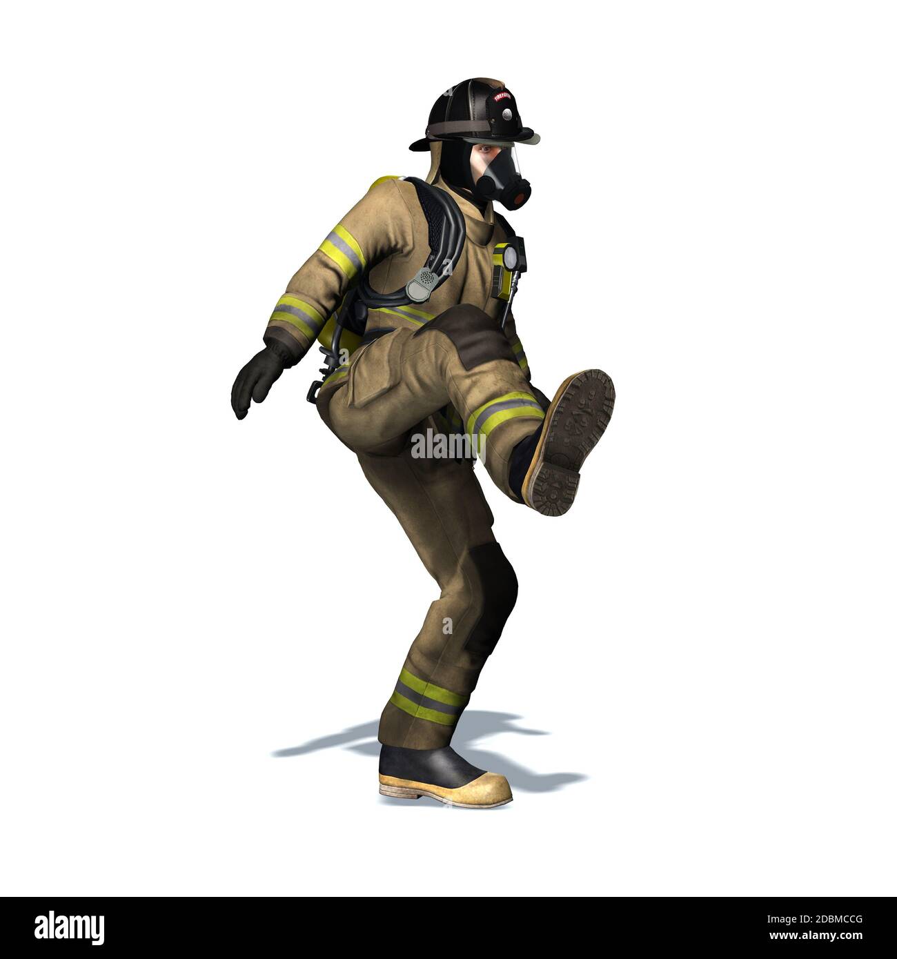 Fire Fighter Kicks The Door Open Isolated On White Background Stock Photo Alamy