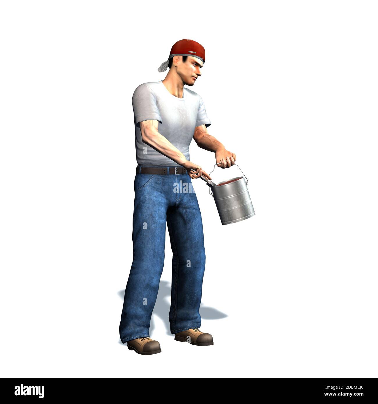 Painter with paint bucket and brush - isolated on white background