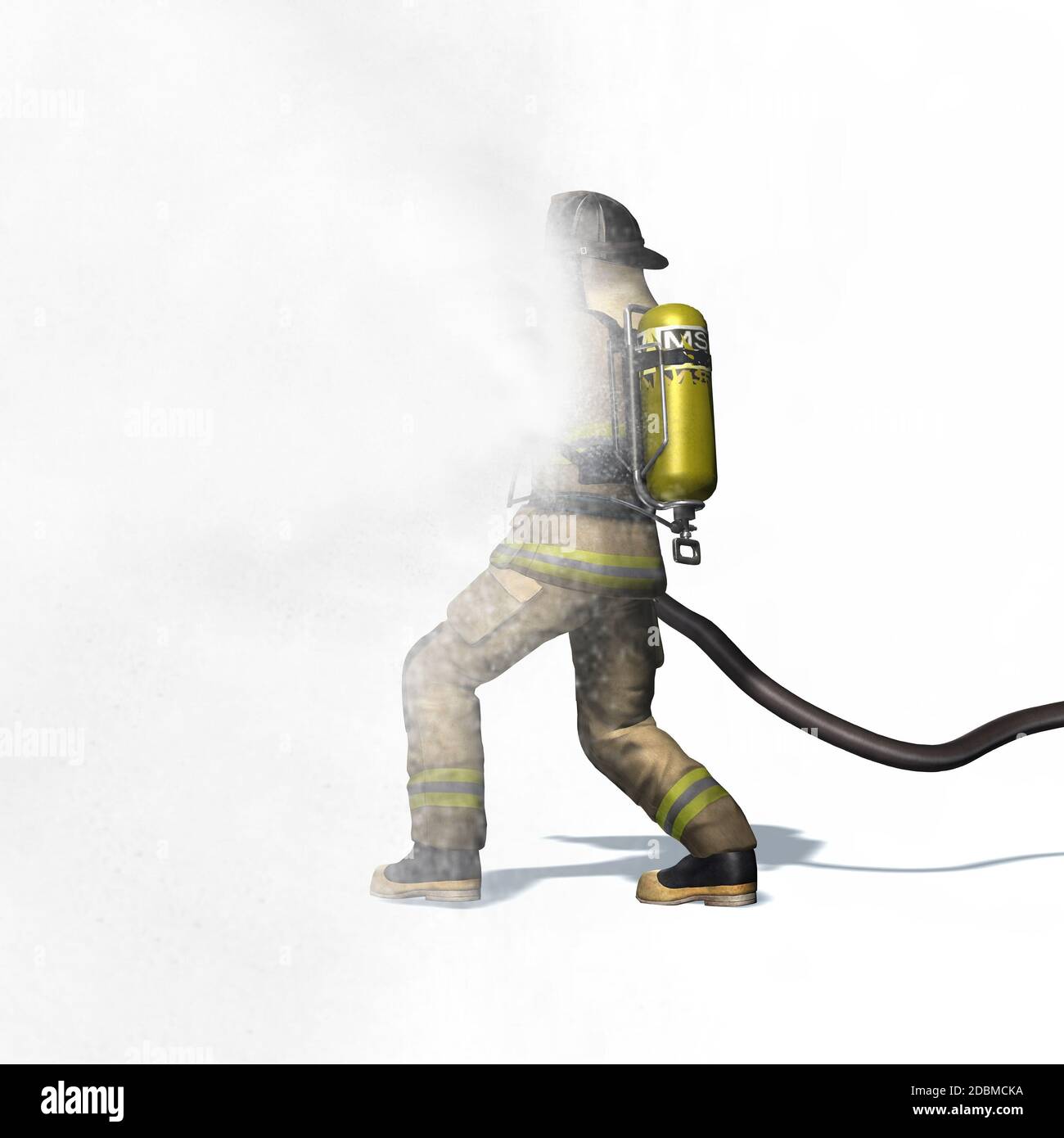 Fire fighter with water hose - isolated on white background Stock Photo ...