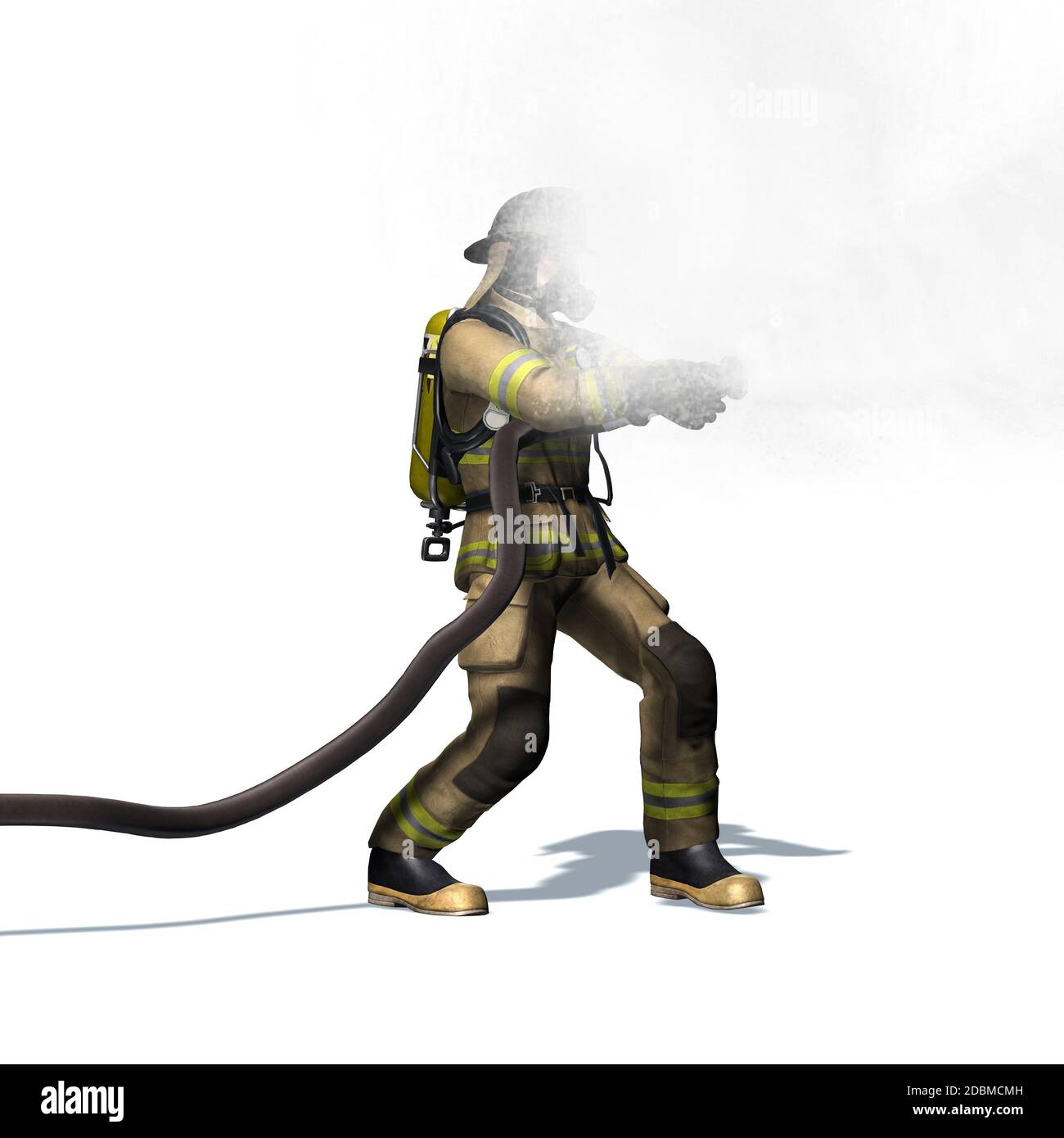 Fire fighter with water hose - isolated on white background Stock Photo ...