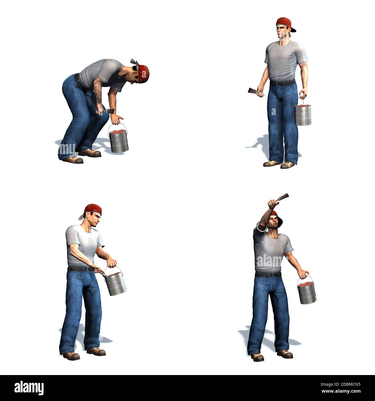 Set of Painter with paint bucket and brush - different views - isolated