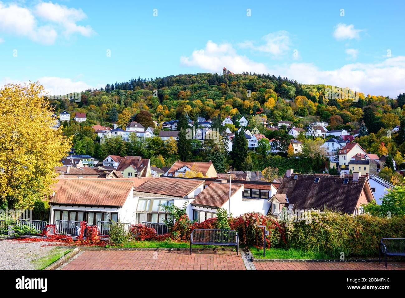 24 okt 2020: Weinheim, Baden-Wurttemberg, Odenwald, Germany. Autumn View on Castle ruine  Windeck, mountain with colorful treen Stock Photo