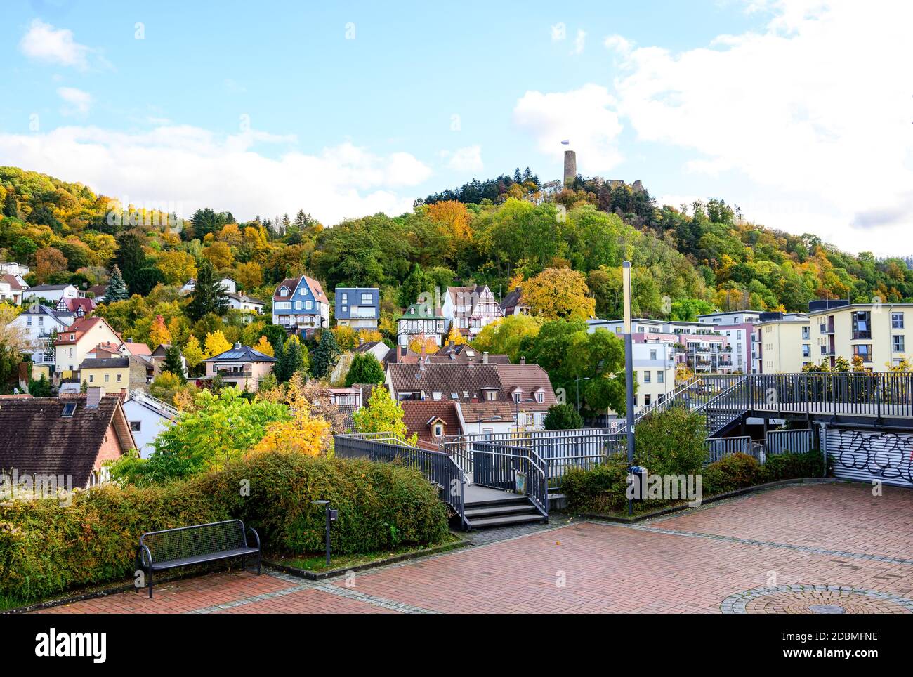 24 okt 2020: Weinheim, Baden-Wurttemberg, Odenwald, Germany. Autumn View on Castle ruine  Windeck, mountain with colorful treen Stock Photo