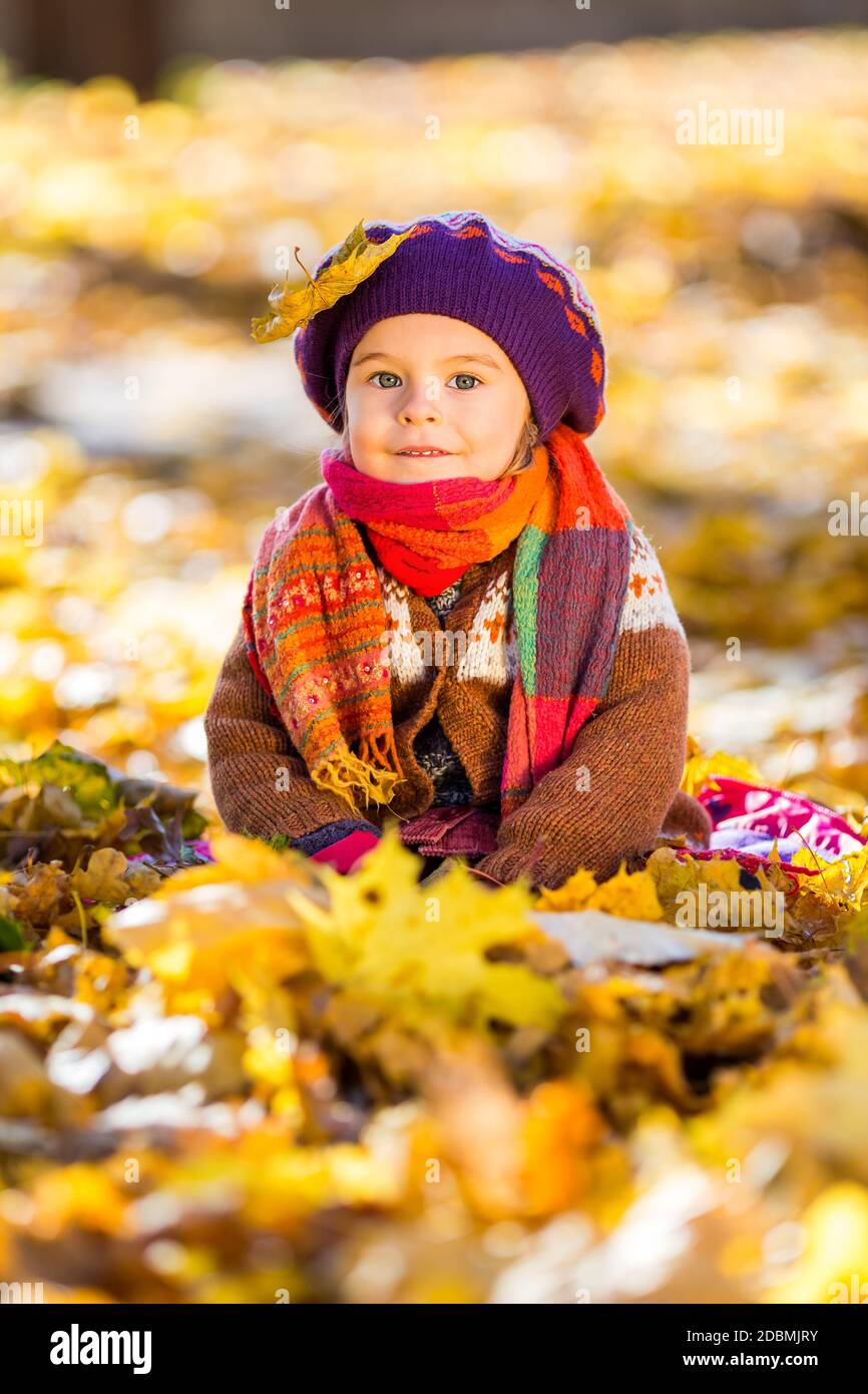 Happy little girl playing in the sunny autumn park Stock Photo - Alamy