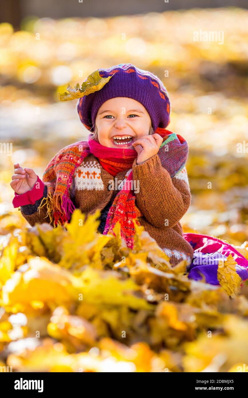Happy little girl playing in the sunny autumn park Stock Photo - Alamy