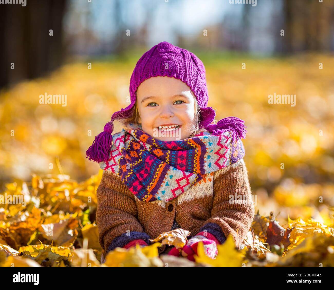 Happy little girl playing in the sunny autumn park Stock Photo - Alamy