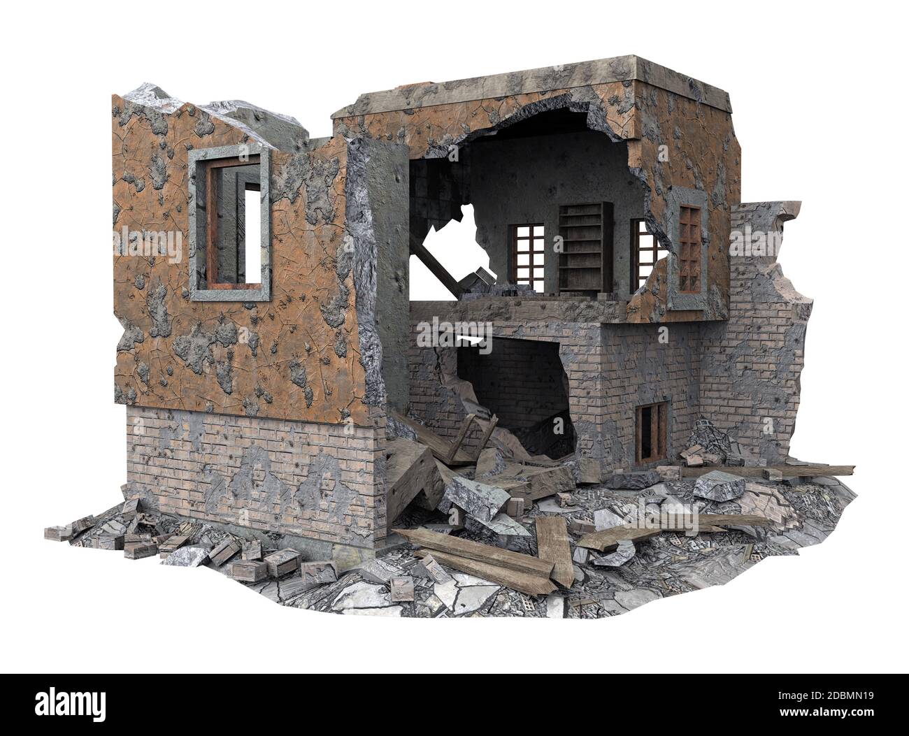 ruined small building isolated on white. 3d rendering Stock Photo