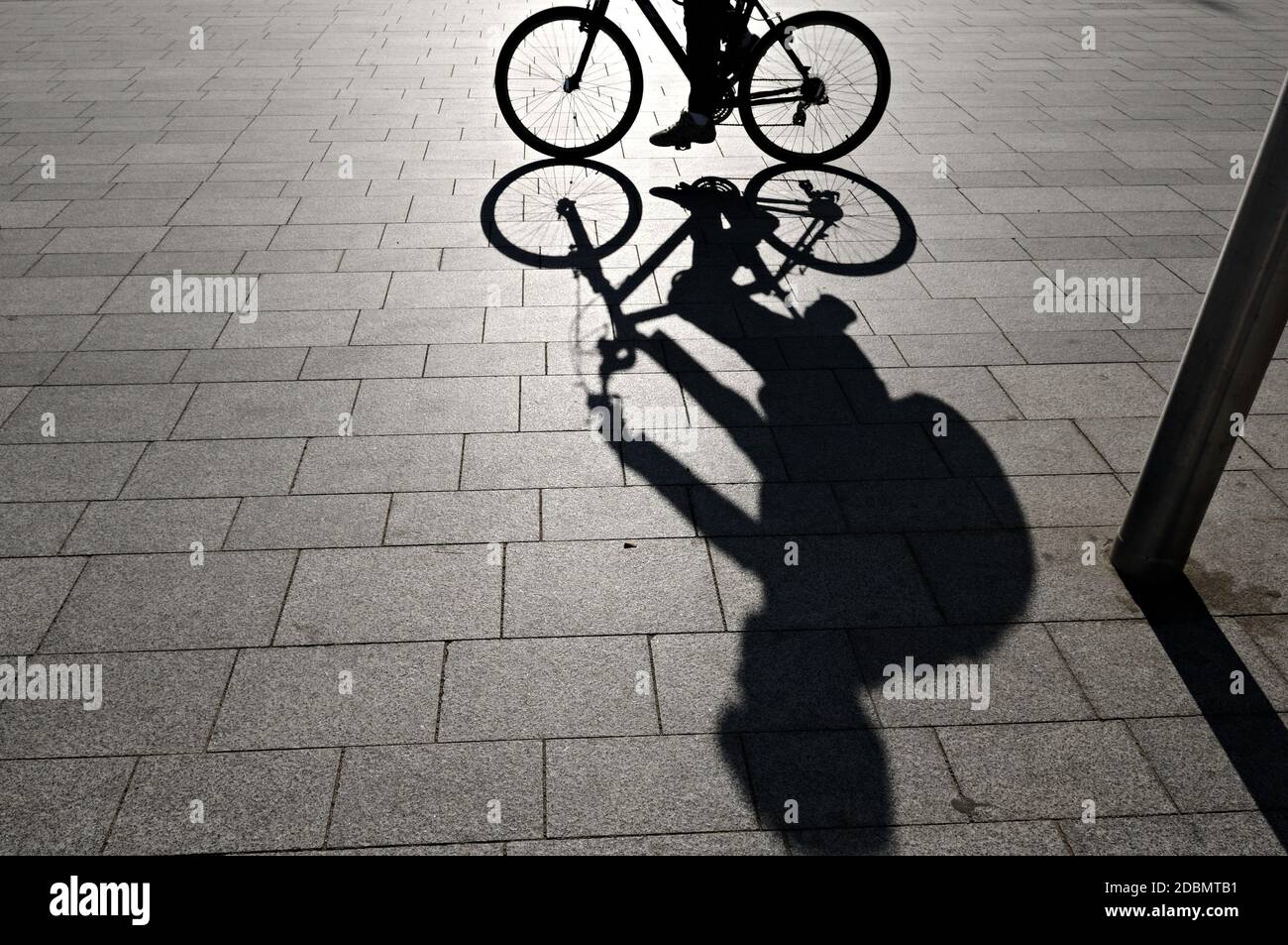 Cyclist and his shadow in a square, Barcelona, Catalonia, Spain Stock Photo