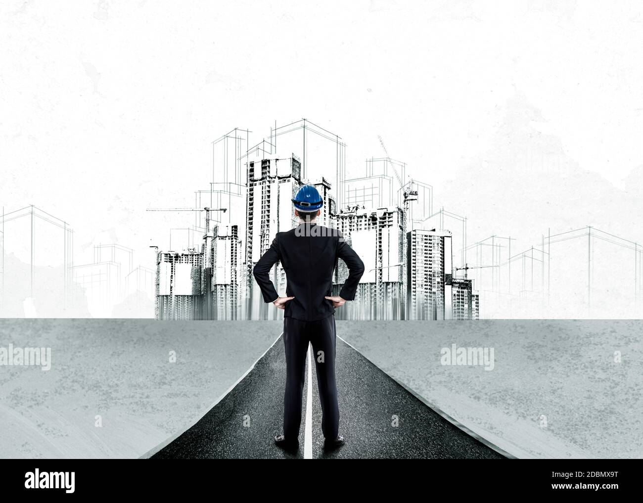 City civil planning and real estate development - Architect people looking at abstract city sketch drawing to design creative future city building Stock Photo