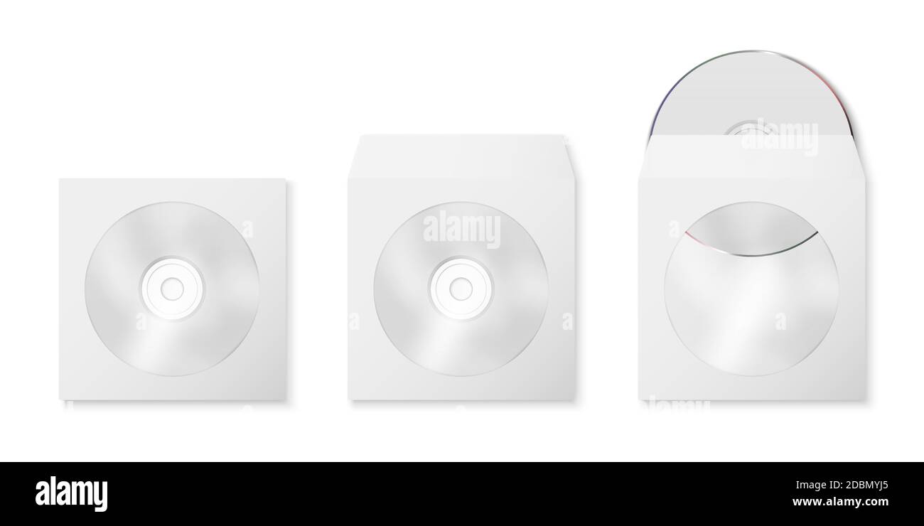 Vector 3d Realistic White Blank CD, DVD and Paper Closed and Opened Envelope with Plastic Window