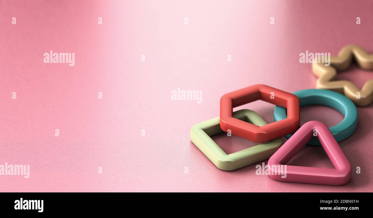 3D illustration of basic geometric shapes over pink background. Concept children education Stock Photo