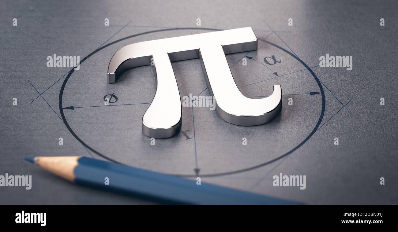3D illustration of pi letter over a circle drawing. Mathematics concept
