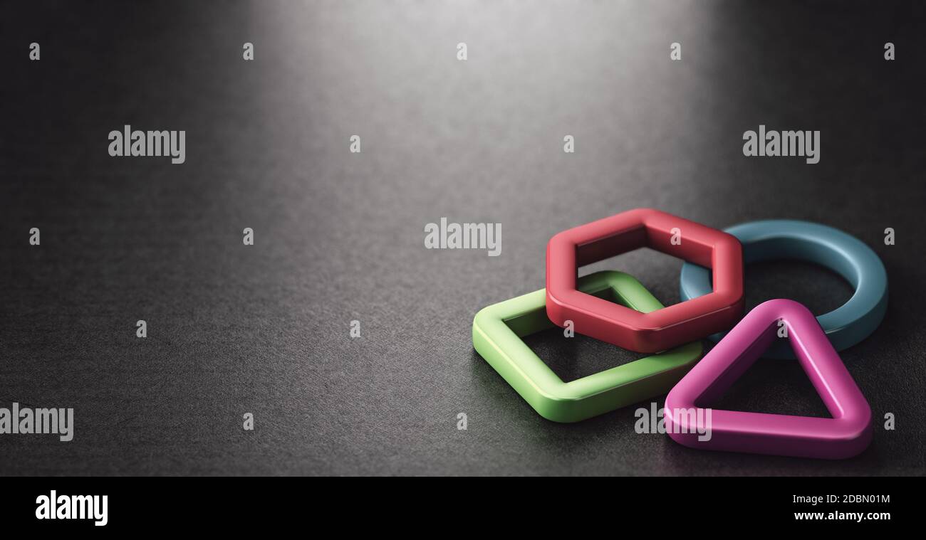 3D illustration of basic geometric shapes over black background. Concept of primary education. Stock Photo