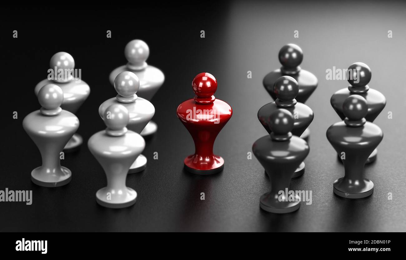 3D illustration of two groups of white and grey pawns and a mediator in the middle. Abstract concept of arbitration between two parties. Stock Photo
