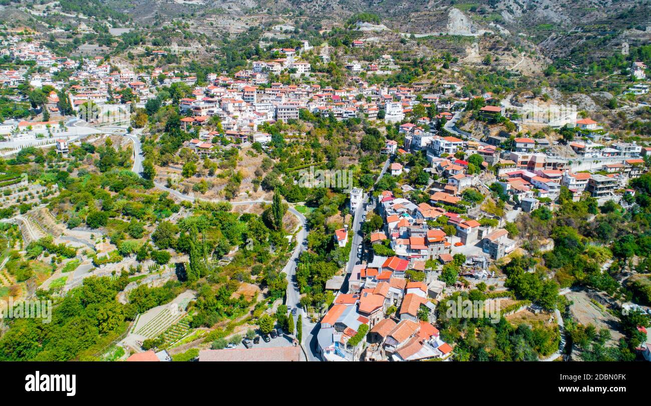 Aerial view of Agros village settlement on mountain Troodos, Limassol