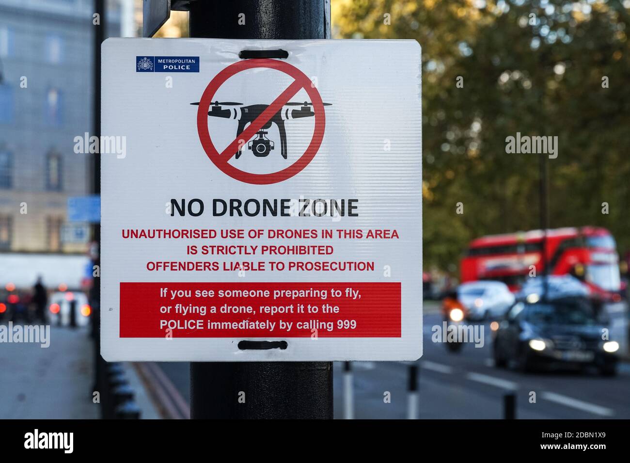 No drone zone sign prohibiting flying drones over Westminster area in London, England United Kingdom UK Stock Photo
