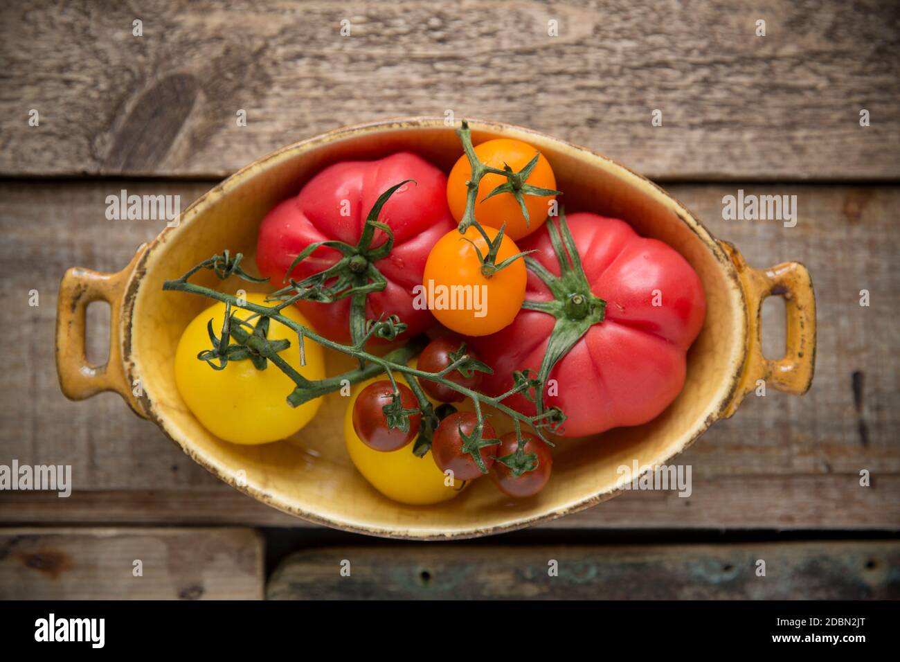 A selection of whole heirloom tomatoes displayed on a wooden background. England UK GB Stock Photo