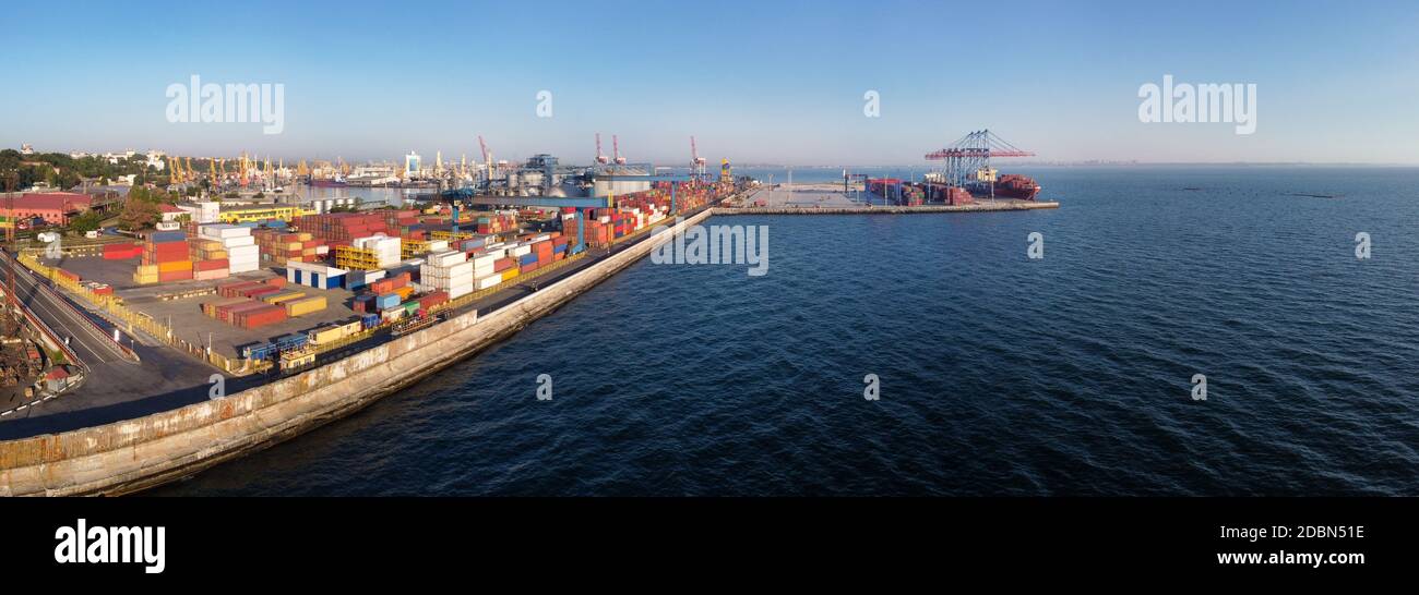Odessa, Ukraine: port container terminal along seashore panoramic view Stock Photo