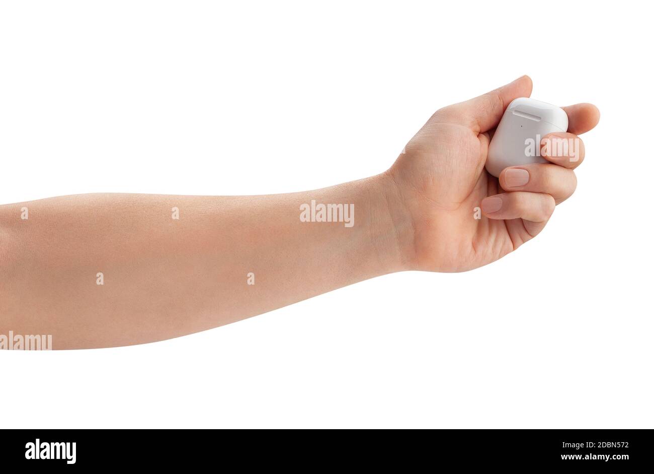 air pods charging case in hand path isolated on white Stock Photo
