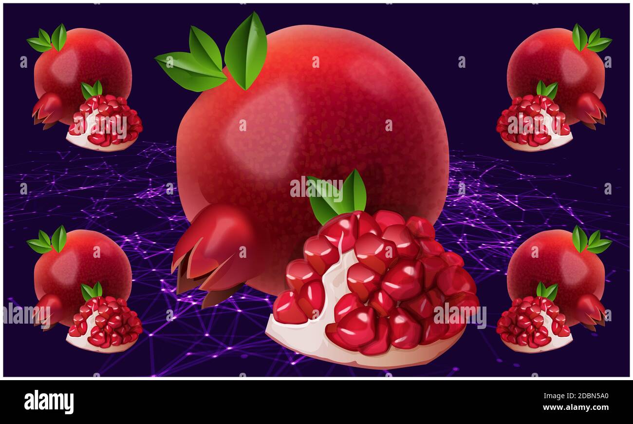 realistic pomegranate fruit on abstract background Stock Photo