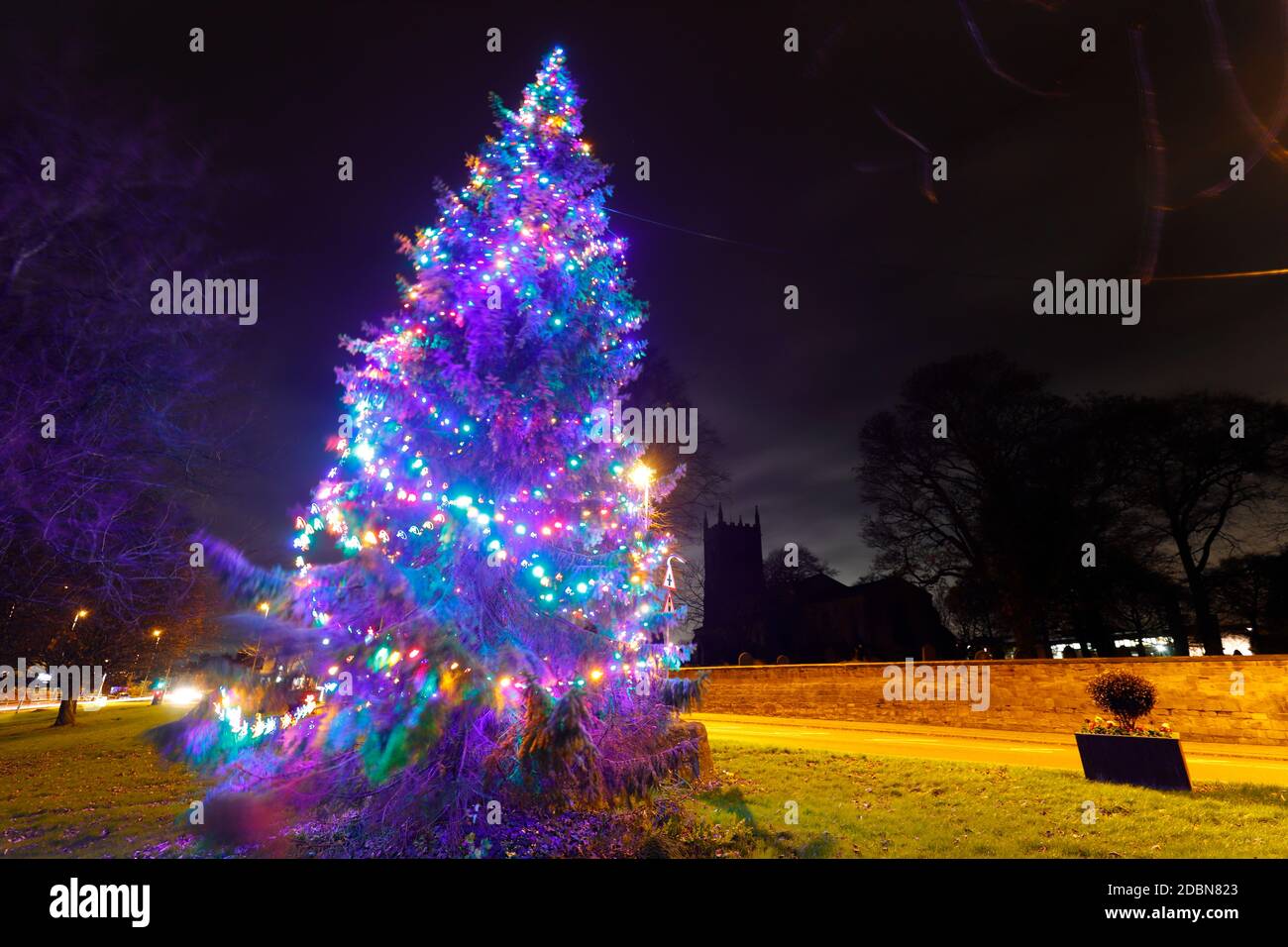 Christmas tree with lights in Swillington,Leeds,West Yorkshire Stock