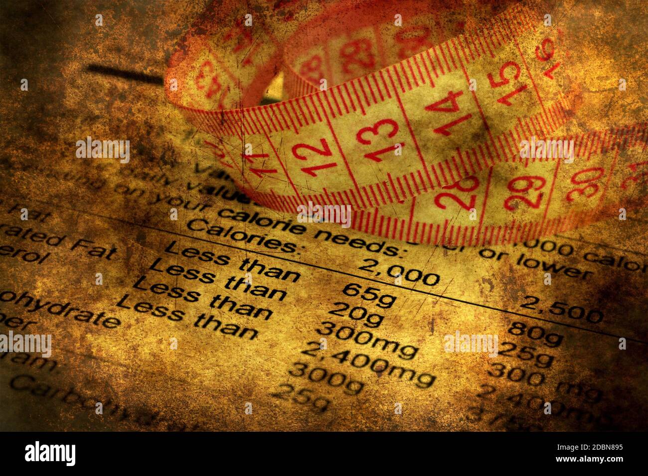 Nutrition facts and measure tape grunge concept Stock Photo
