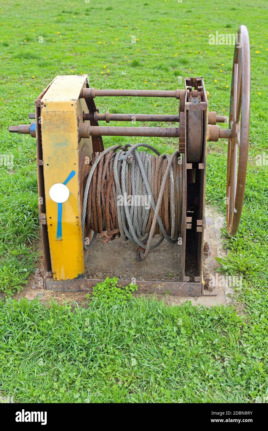 Stationary Winch With Steel Wire Cable Stock Photo