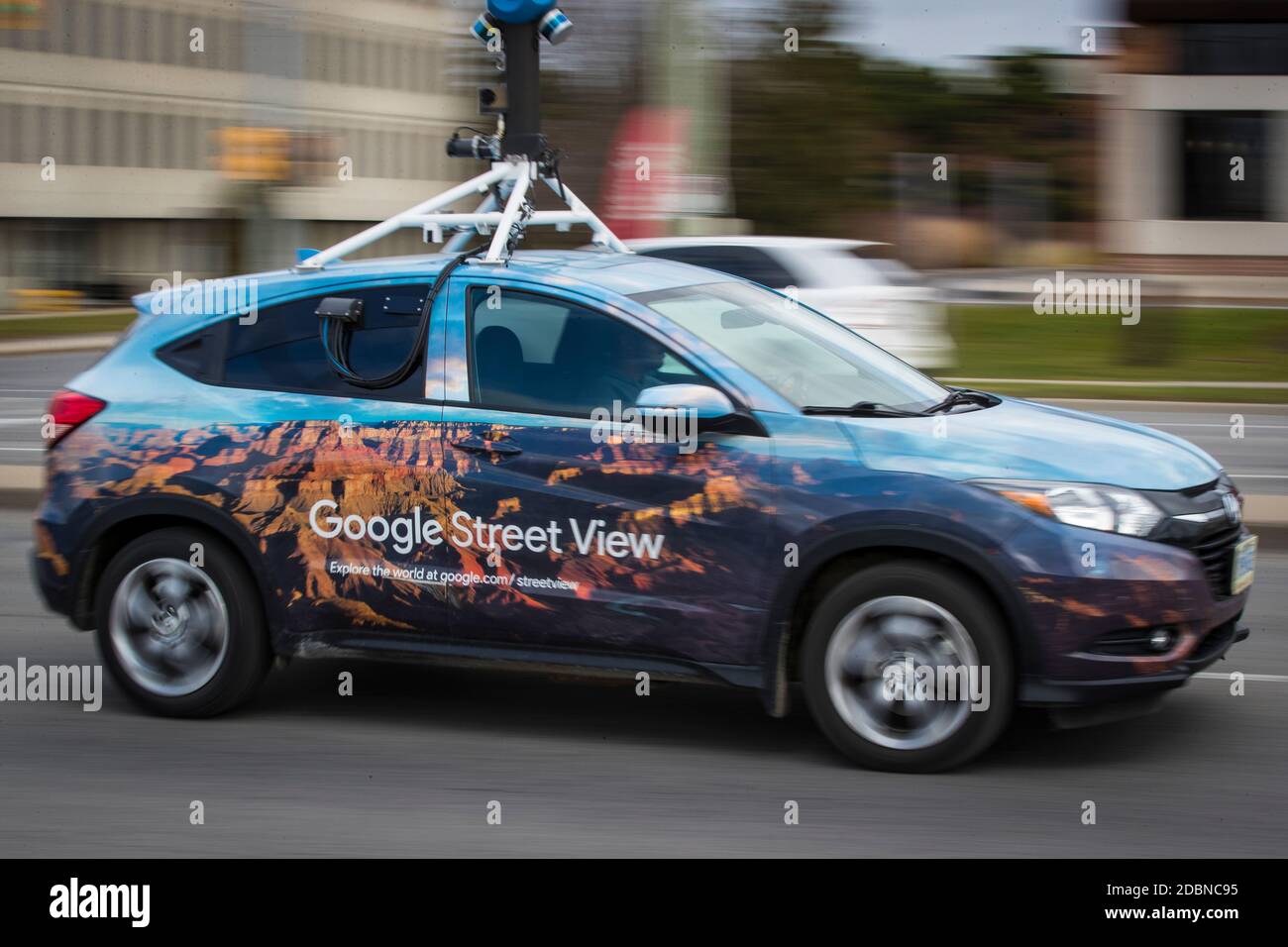 Google street view car with a 360 camera attached to the top in Kingston, Ontario on Tuesday, November 17, 2020. Stock Photo
