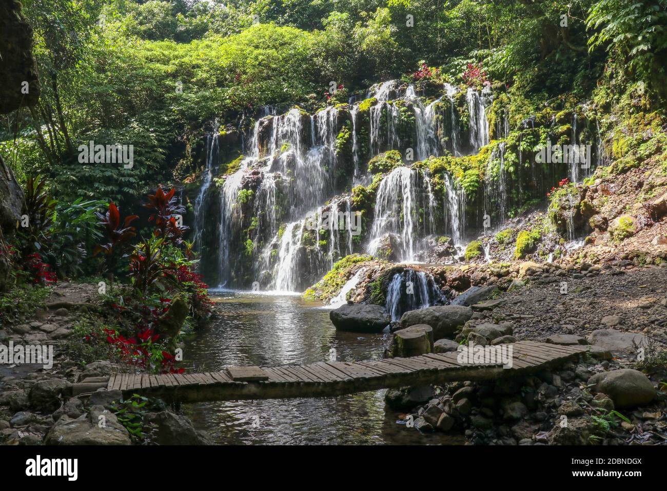 Beautiful waterfall of Banyu Wana Amertha in tropical jungle. Scenic with rock. Picturesque waterfall cascade in Bali. Stock Photo