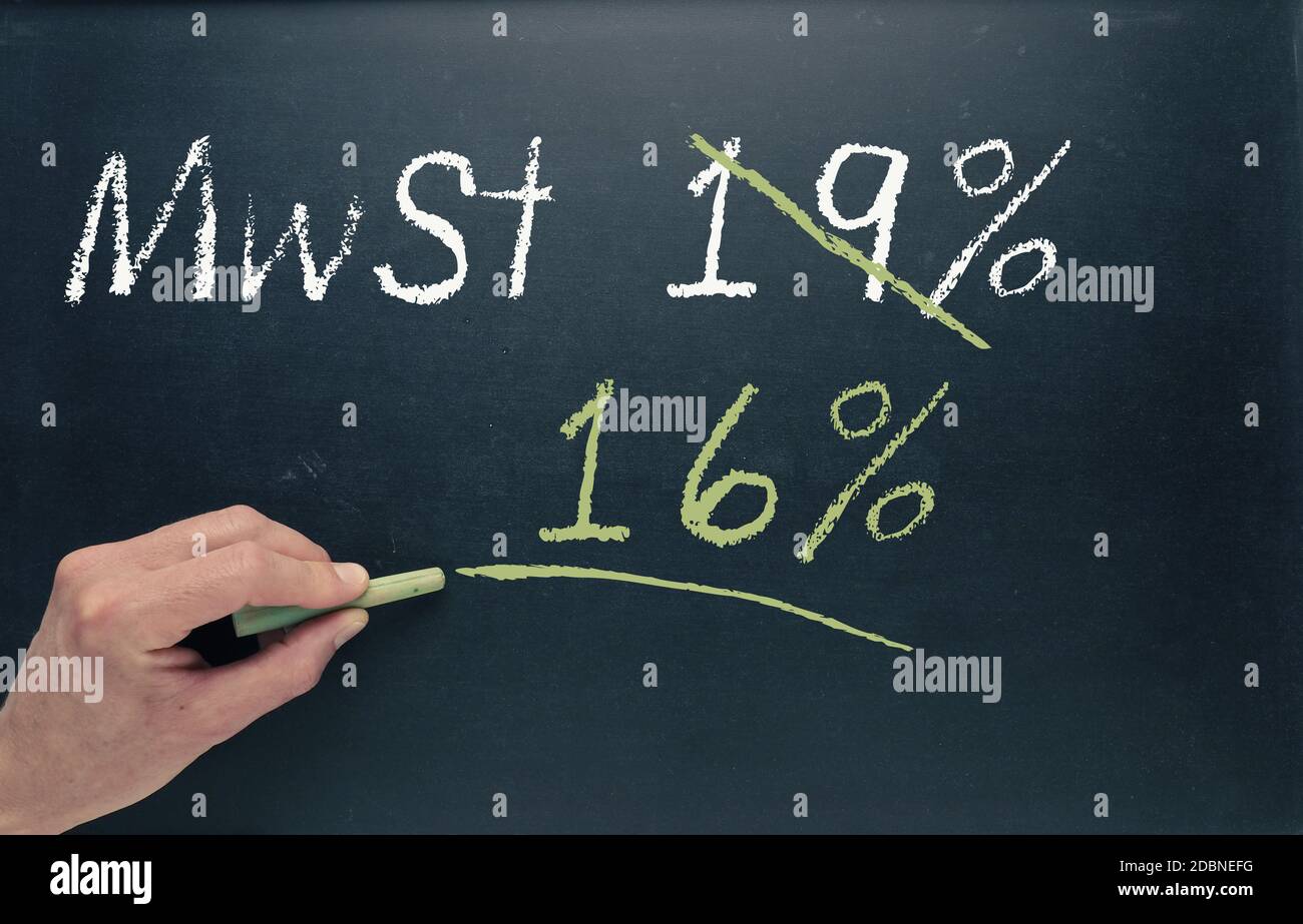 Conceptual image with a man writing on a chalkboard for economic stimulus package for Germany. Stock Photo
