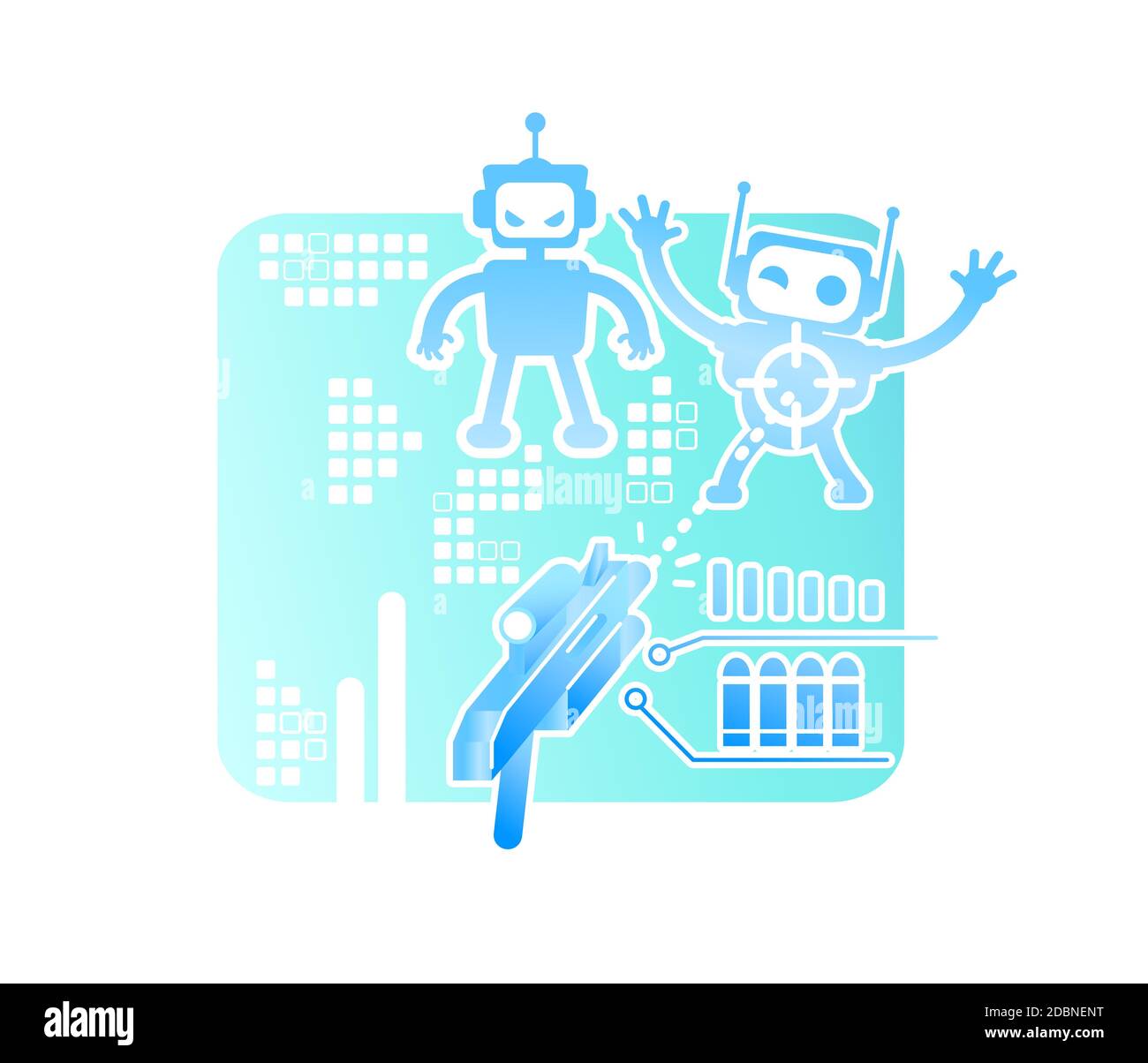 Shooter video game 2D vector web banner, poster. Robot boss in playable  simulation. Arcade videogame flat characters on cartoon background.  Simulator Stock Photo - Alamy