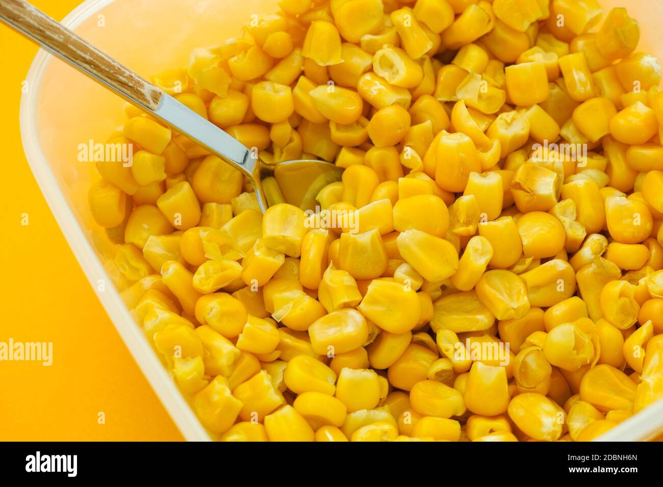 Cooked sweetcorn kernels in a plastic container. Close up. Stock Photo