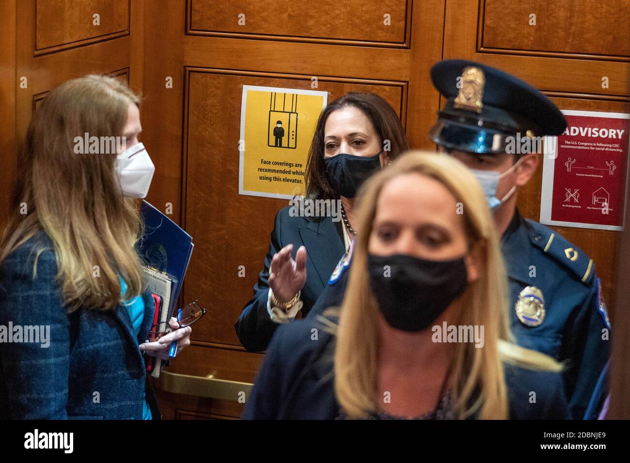 Washington, United States. 17th Nov, 2020. Vice President-elect U.S Sen. Kamala Harris (D-CA) gets into an elevator after leaving the Senate Floor for a vote on Capitol Hill in Washington, DC on Tuesday, November 17, 2020. The Senate rejected a move to advance President Trump's nomination of Judy Shelton to the Federal Reserve Board. Photo by Ken Cedeno/UPI Credit: UPI/Alamy Live News Stock Photo