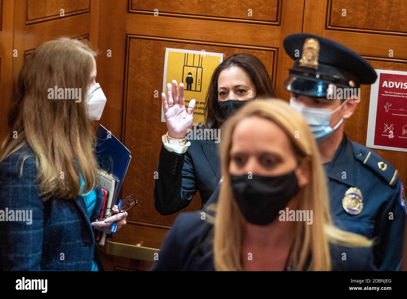 Washington, United States. 17th Nov, 2020. Vice President-elect U.S Sen. Kamala Harris (D-CA) gets into an elevator after leaving the Senate Floor for a vote on Capitol Hill in Washington, DC on Tuesday, November 17, 2020. The Senate rejected a move to advance President Trump's nomination of Judy Shelton to the Federal Reserve Board. Photo by Ken Cedeno/UPI Credit: UPI/Alamy Live News Stock Photo