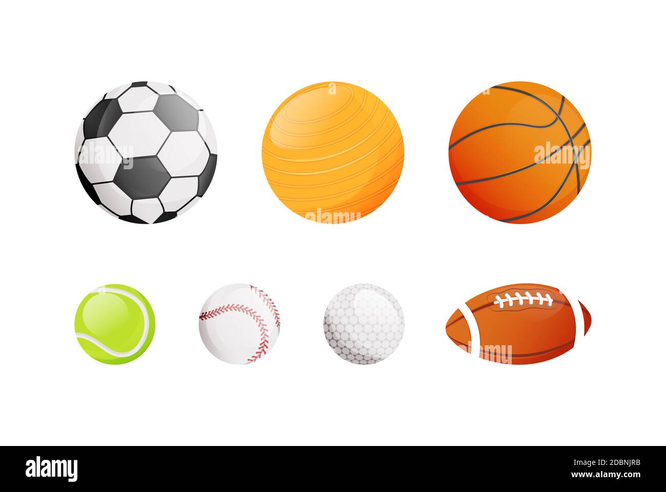 Balls for different sport flat color vector objects set. Football and soccer. Basketball match. Aerobics gear. Sports equipment 2D isolated cartoon il Stock Photo