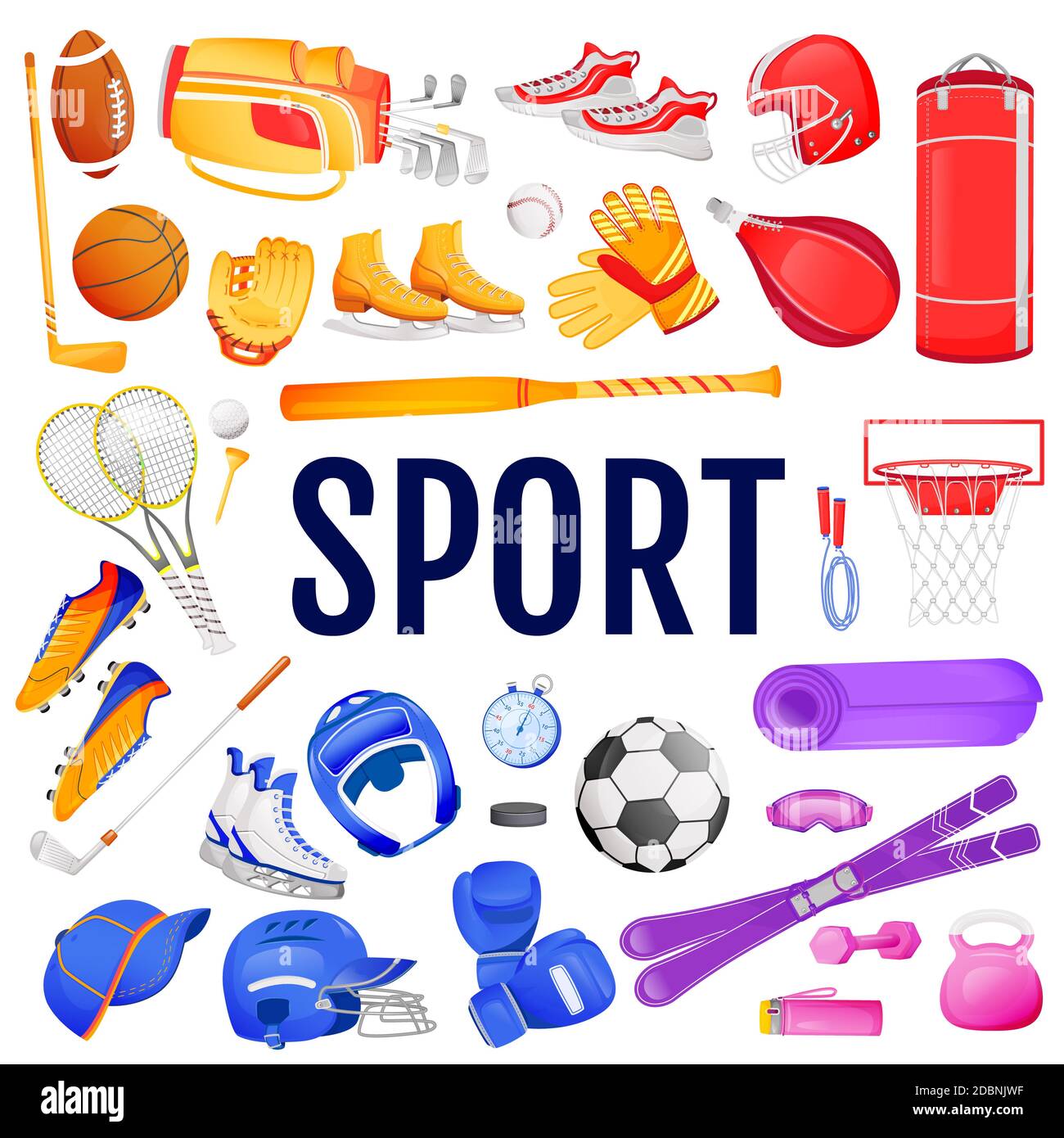 Sport flat color vector objects set. Colorful gear to play match and exercise. Golf bag. Footwear for athlete. Sports equipment 2D isolated cartoon il Stock Photo
