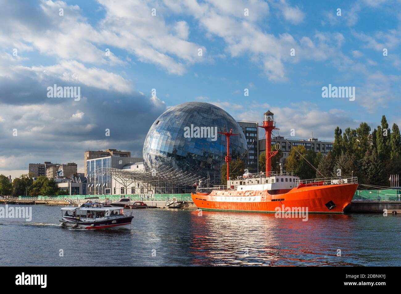 the Museum complex planet ocean, floating light ship 'Irbene', The World ocean Museum, the building of a glass ball, Kaliningrad, Russia, September 29 Stock Photo