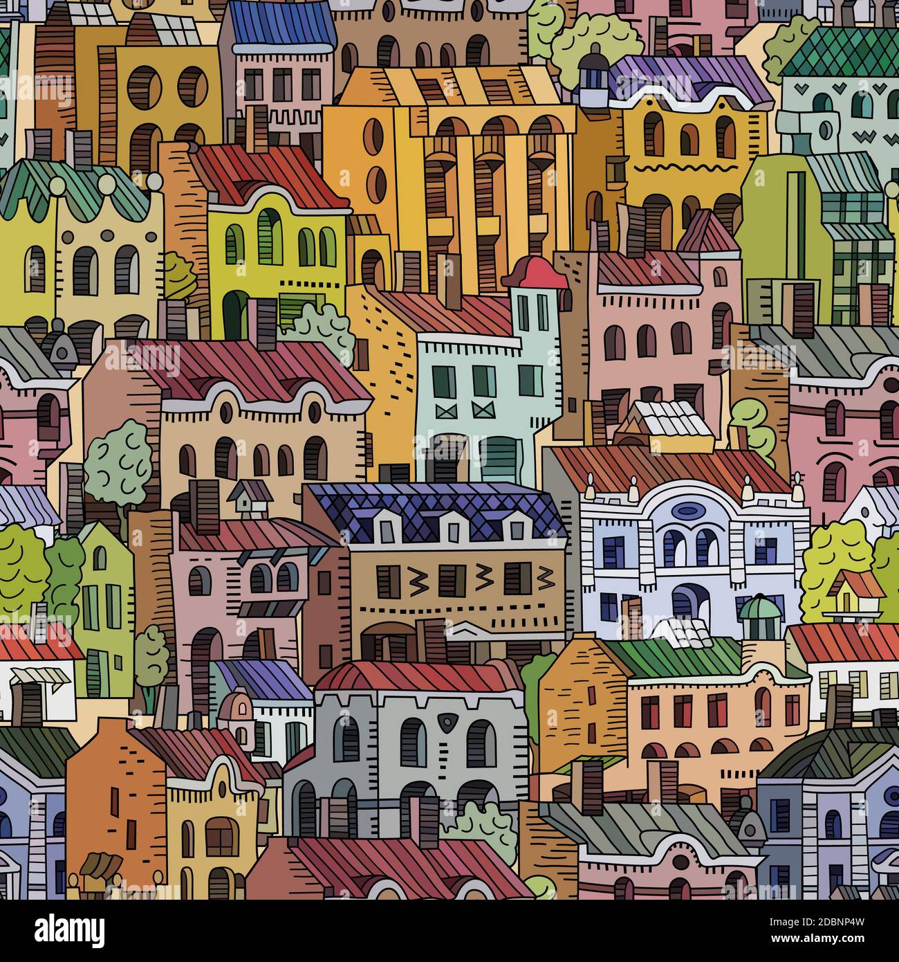 Vector hand drawn houses seamless pattern. Cartoon buildings background Stock Photo